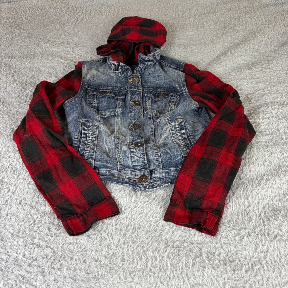 Bongo Denim Jacket Plaid Sleeves Hooded Medium Wash Distressed Cropped Large